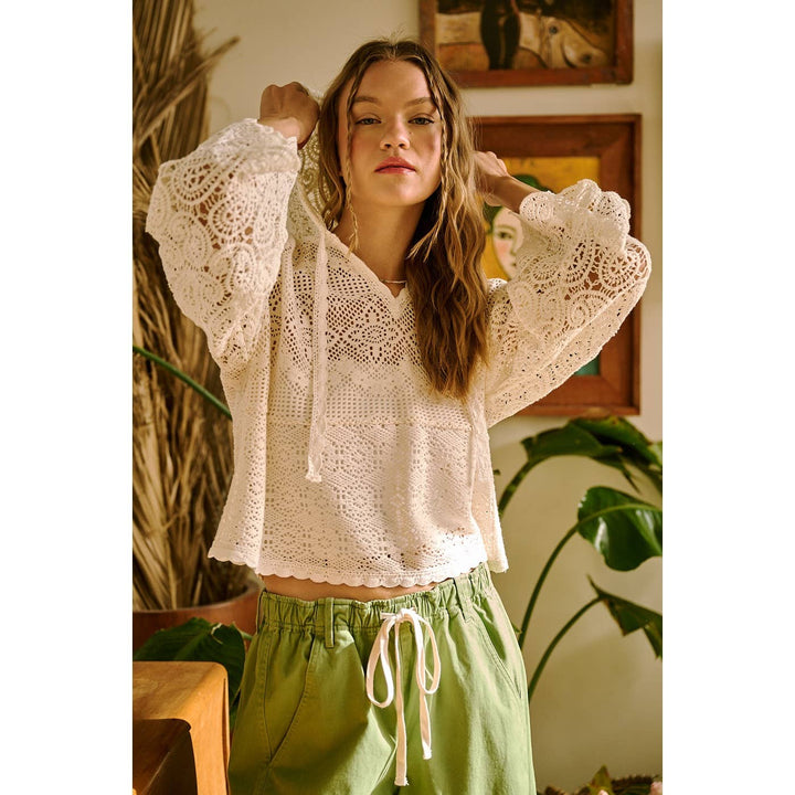 Women's Long Sleeve - CROCHET LACE BOHO LONG SLEEVE HOODIE TOP - NATURAL - Cultured Cloths Apparel