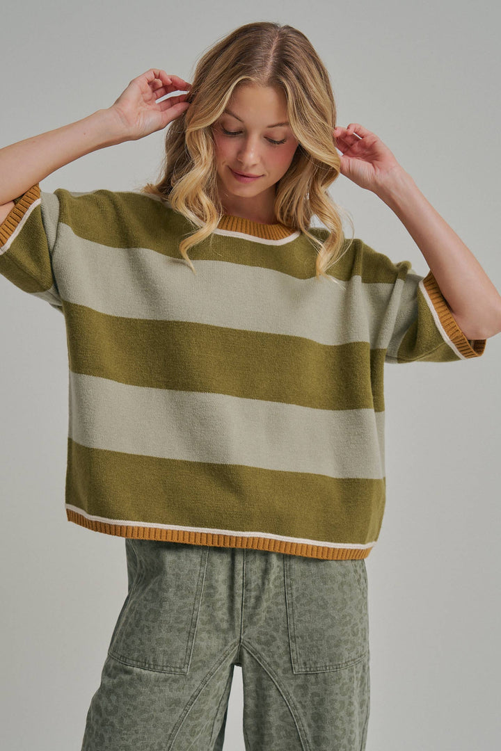 WIDE STRIPE LOOSE FIT DROP SHOULDER SWEATER TOP