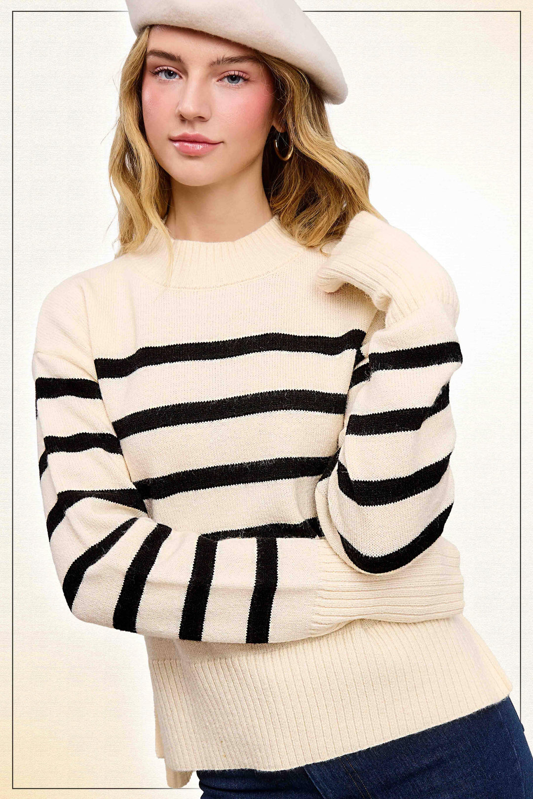 Striped Mock Neck Dolman Sleeve Loose Fit Sweater