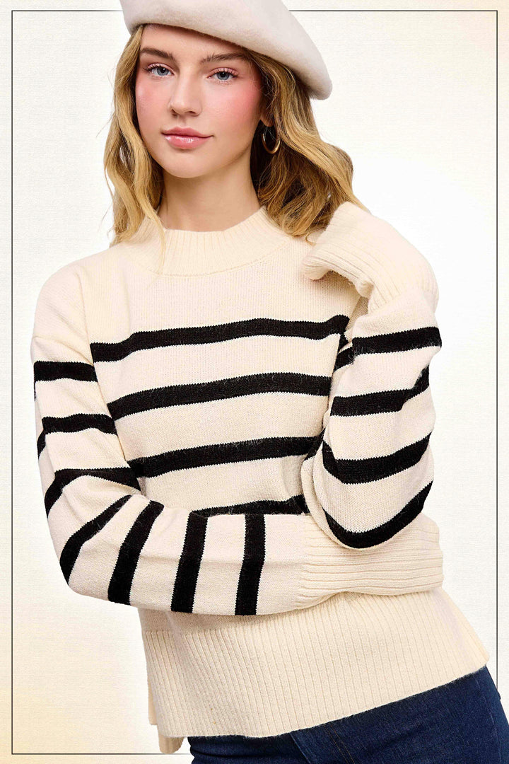Striped Mock Neck Dolman Sleeve Loose Fit Sweater