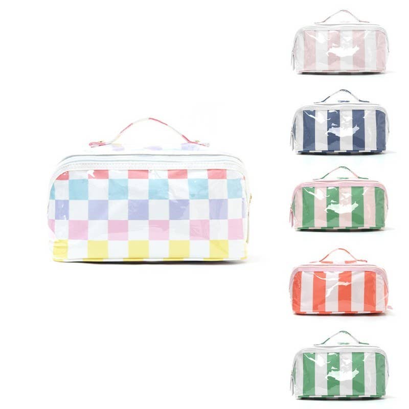CHECKER STRIPED  OPEN FLAT COSMETIC MAKEUP POUCH