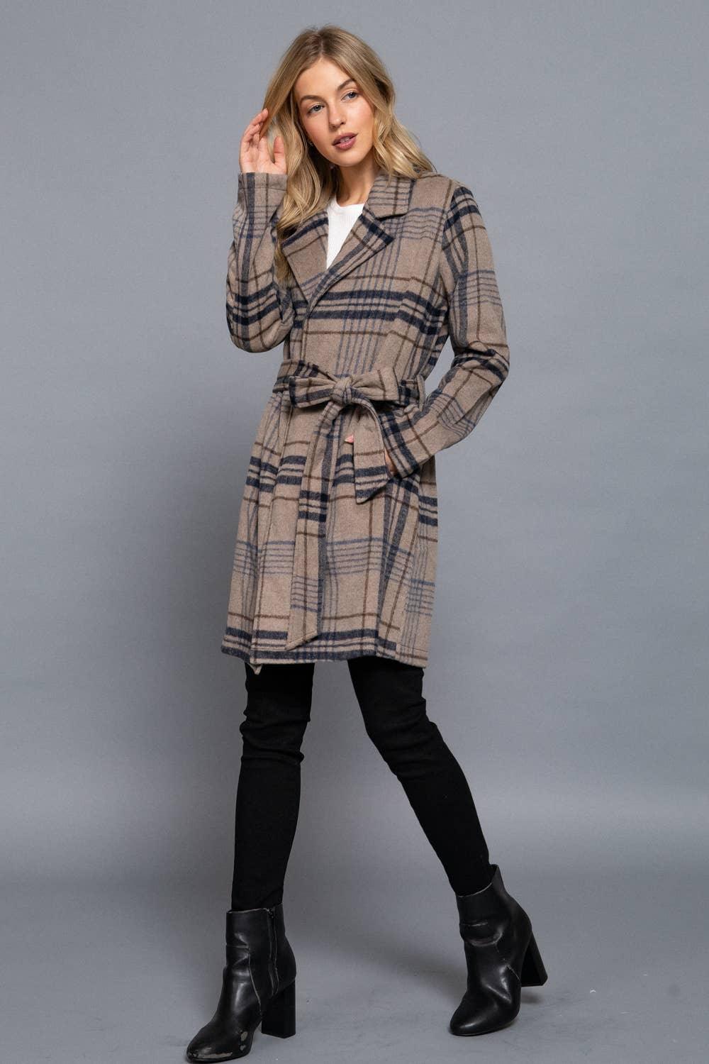 Outerwear - Long Sleeve Notched Collar with Waist Belt Plaid Jacket - - Cultured Cloths Apparel