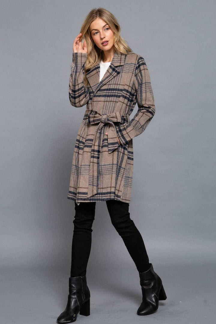 Outerwear - Long Sleeve Notched Collar with Waist Belt Plaid Jacket - - Cultured Cloths Apparel