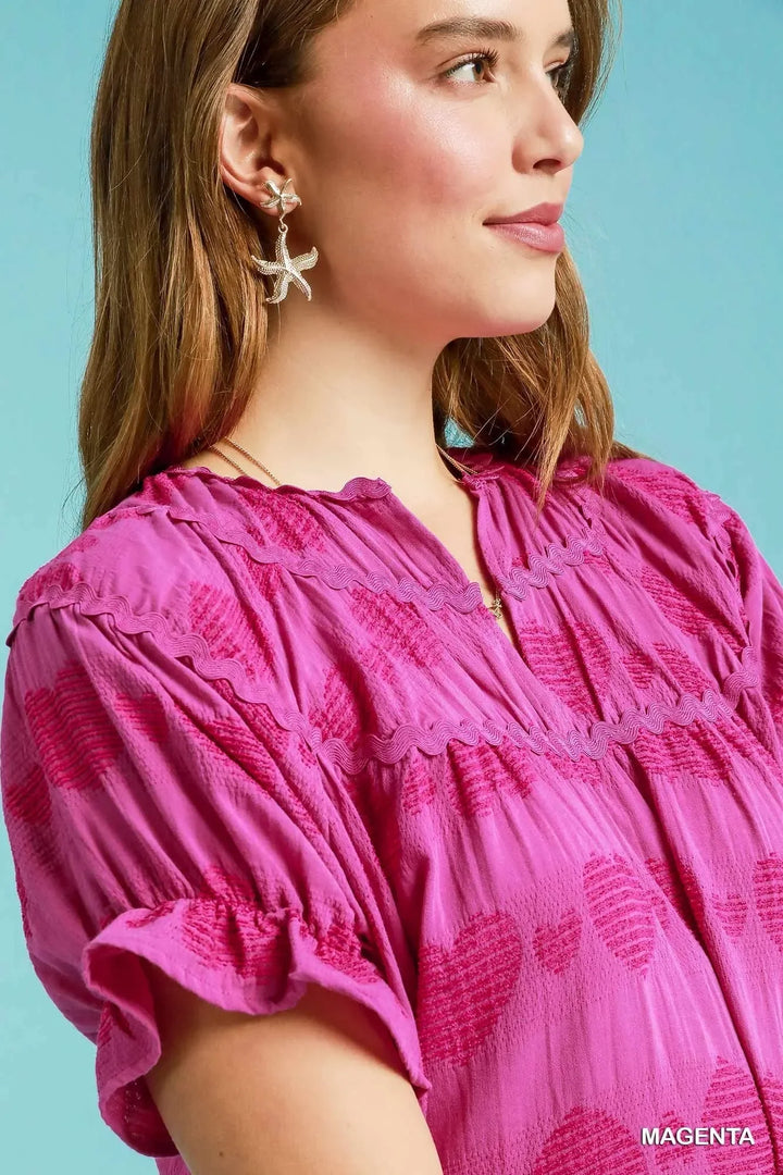 Women's Dresses - Umgee Heart Pattern Short Sleeve Ruffle Babydoll Dress - - Cultured Cloths Apparel