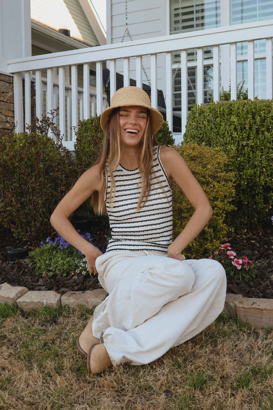 Women's Sleeveless - Striped Bonneville Knit Texture Top Oatmeal - - Cultured Cloths Apparel