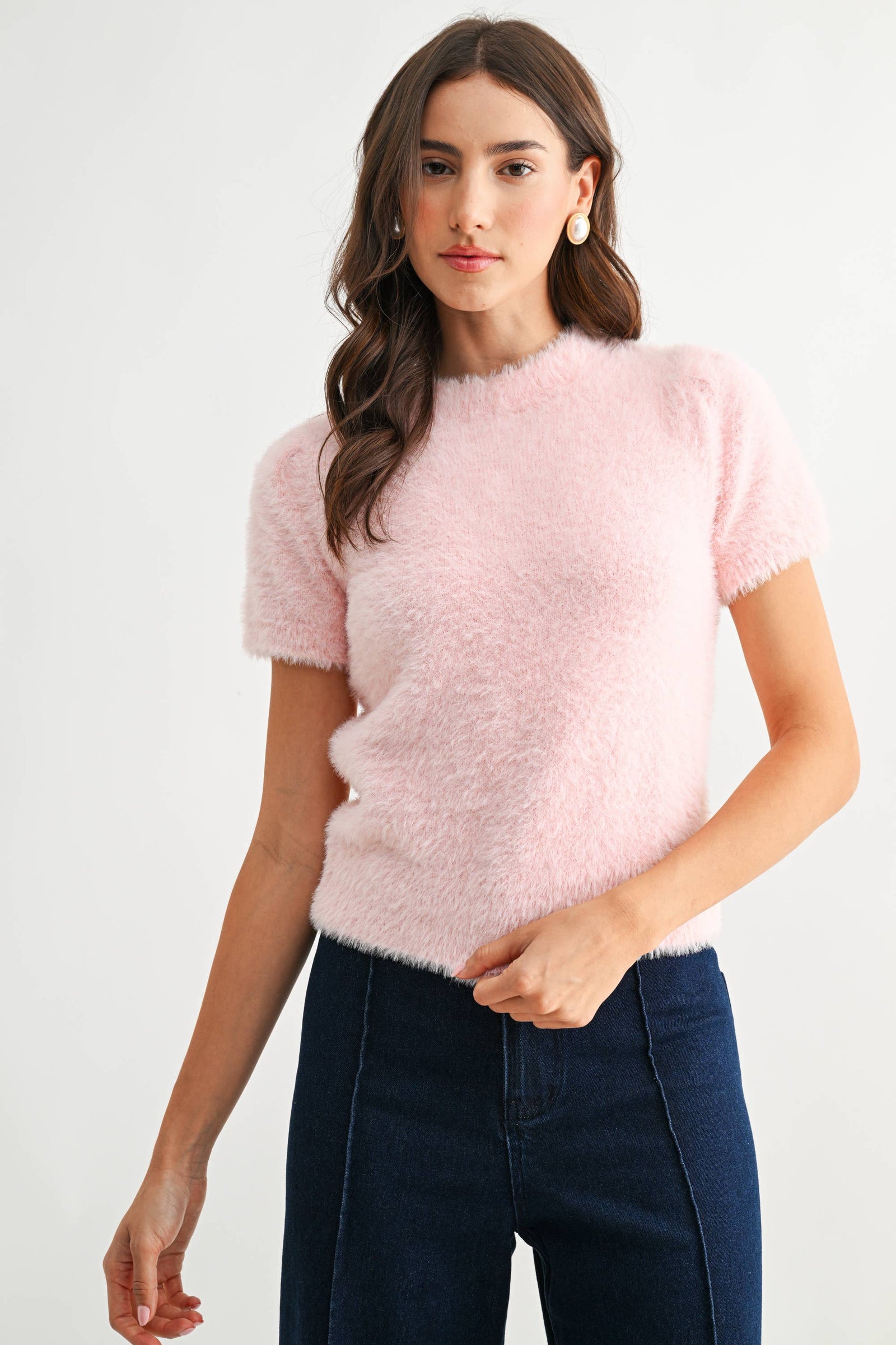Women's Short Sleeve - Soft Pink Fuzzy Knit Short Sleeve Sweater Top - PINK - Cultured Cloths Apparel