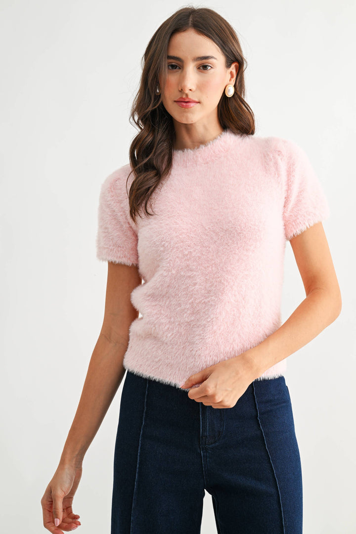 Women's Short Sleeve - Soft Pink Fuzzy Knit Short Sleeve Sweater Top - PINK - Cultured Cloths Apparel
