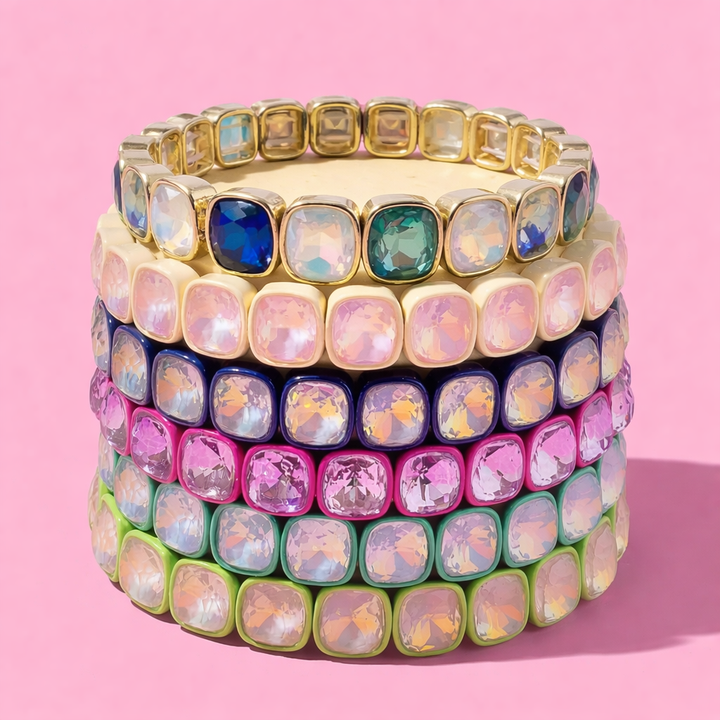 Accessories, Bracelets - Enamel Stretch Bracelet - Square Gems - Layla - Asst Colors - - Cultured Cloths Apparel