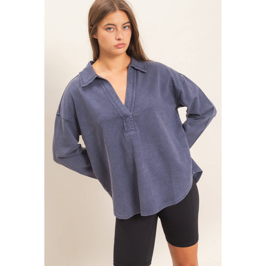 Mineral Washed Polo Collar Long Sleeve Top