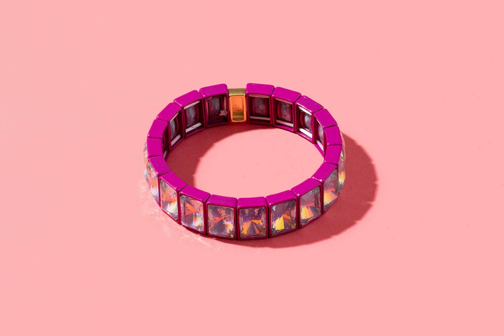Accessories, Bracelets - Enamel Stretch Bracelet - Earth Tone Colors - Dark Pink w/ XL Rectangle Stones - Estelle - Cultured Cloths Apparel