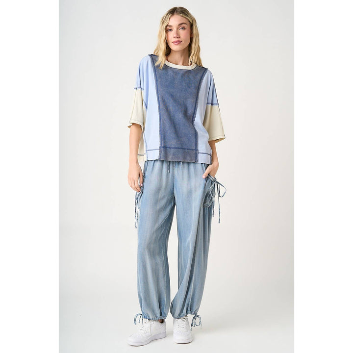 Women's Short Sleeve - MINERAL WASH COLOR BLOCK RELAXED FIT SHORT SLEEVE TOP - - Cultured Cloths Apparel