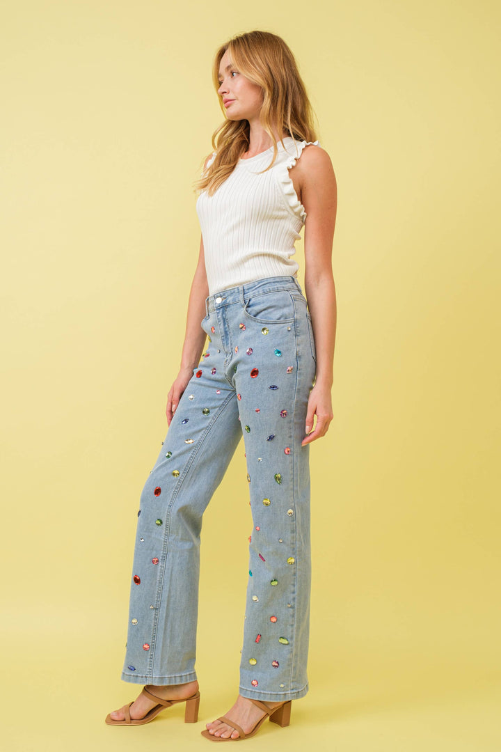 Denim - 23989P Mid Rise Rainbow Jewel Embellished Denim Jeans - - Cultured Cloths Apparel