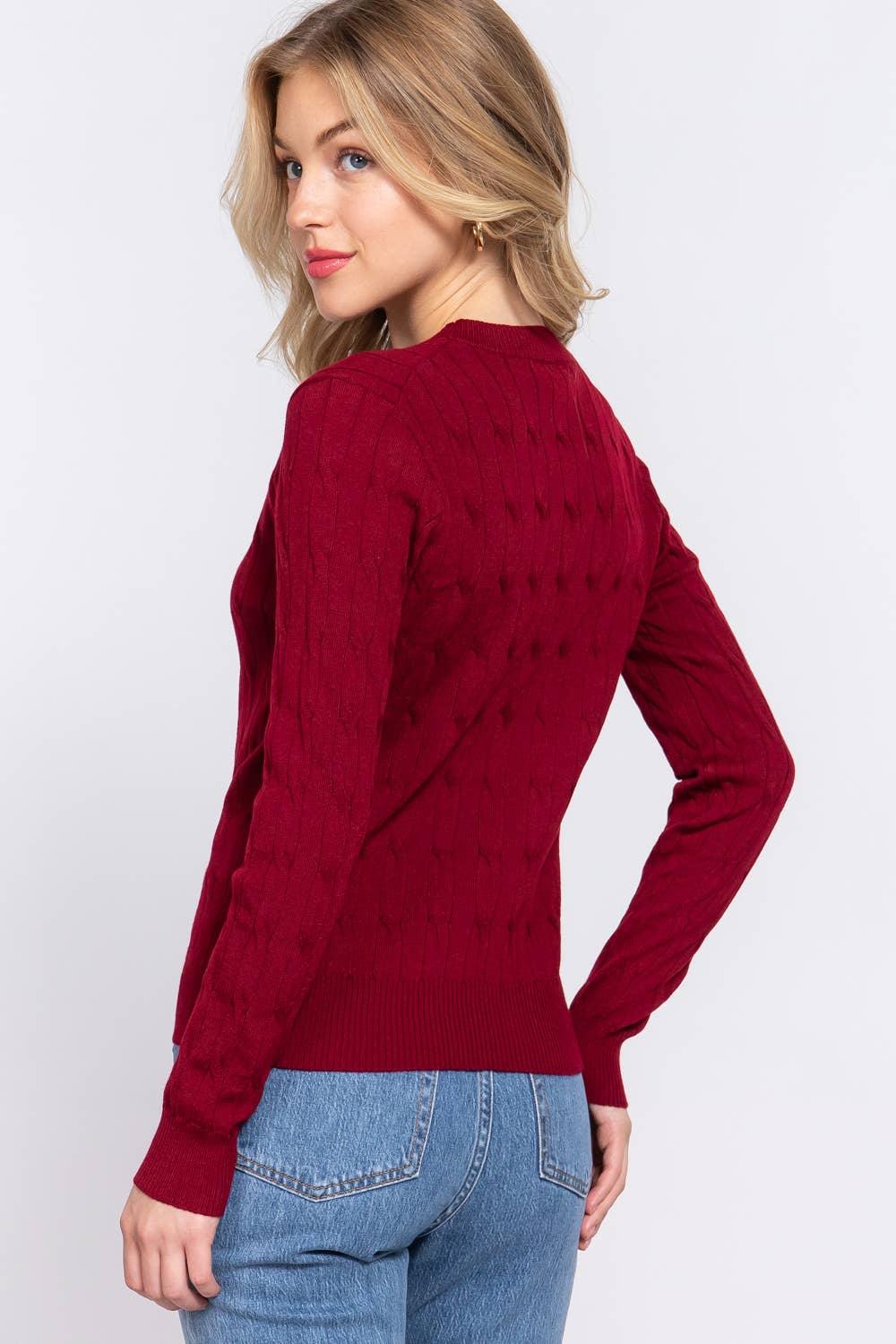 Women's Sweaters - Long Sleeve Round Neck Cable Sweater - - Cultured Cloths Apparel