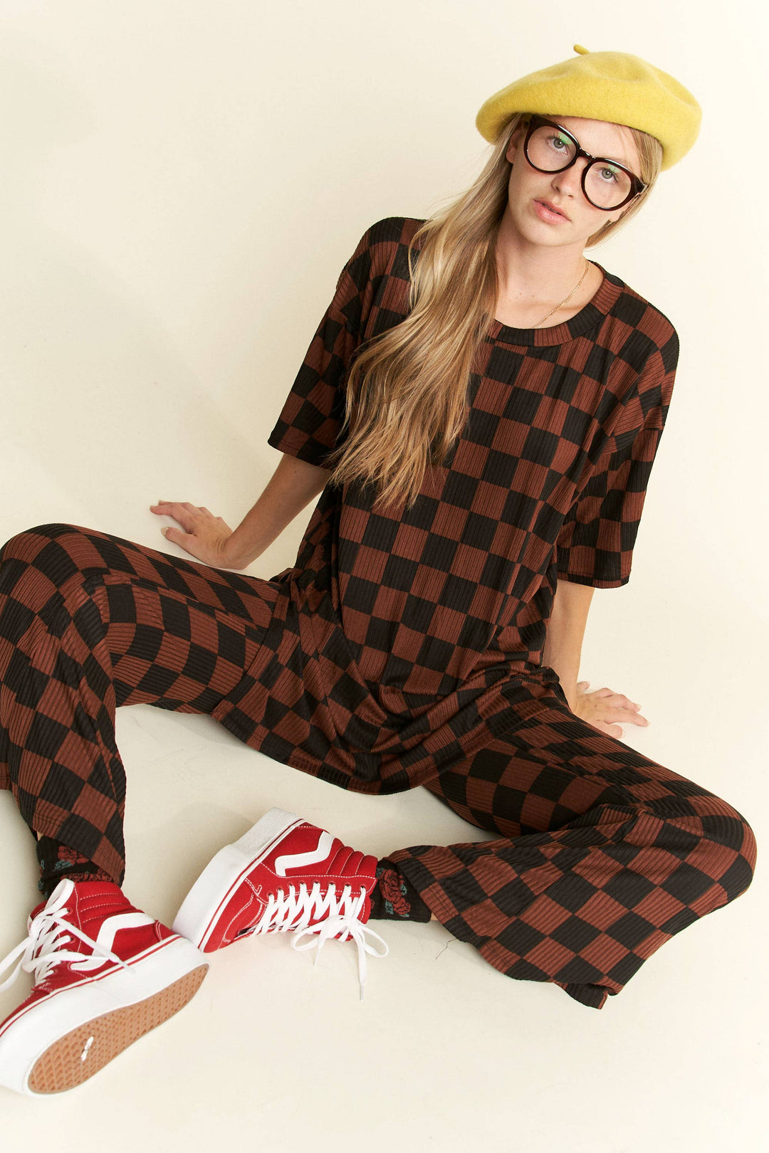 RIBBED CHECKERED PRINT TOP/STRAIGHT LEG PANTS SET