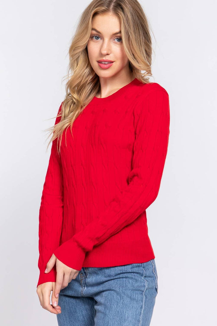 Women's Sweaters - Long Sleeve Round Neck Cable Sweater - - Cultured Cloths Apparel