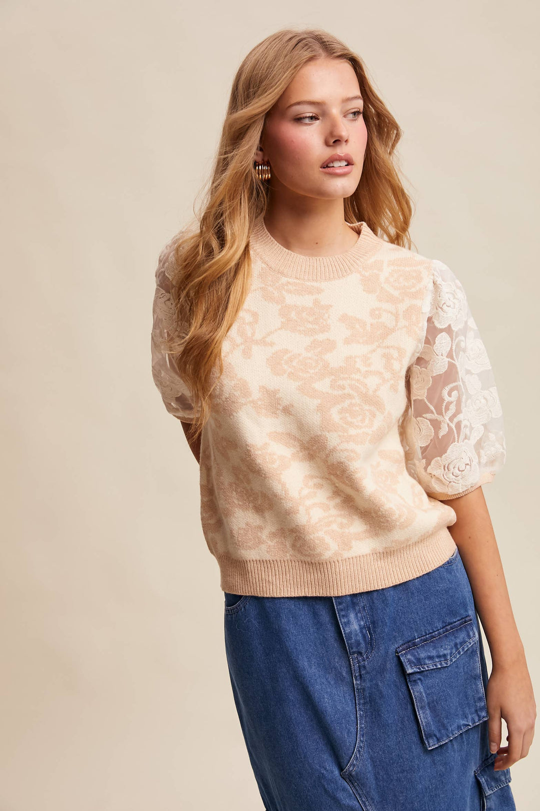 Women's Short Sleeve - Rose Embroidered Contrast Knit Top - - Cultured Cloths Apparel