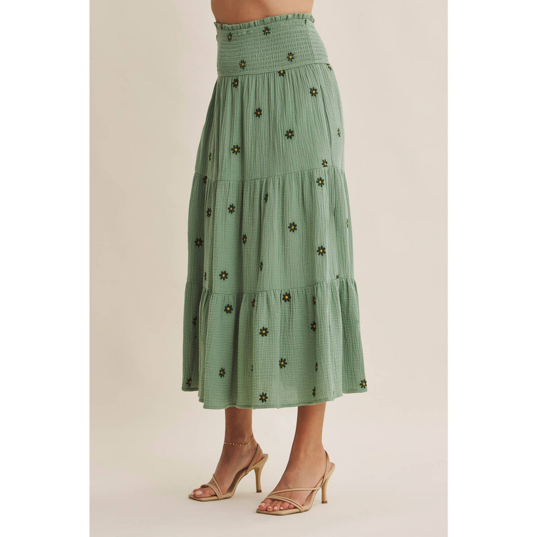 Women's Skirts - SUNSET FIELD EMBROIDERED COTTON GAUZE SMOCKED MIDI SKIRTS - - Cultured Cloths Apparel