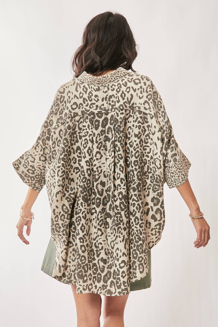 Leopard Print Oversized High-Low Button-Down Shirt