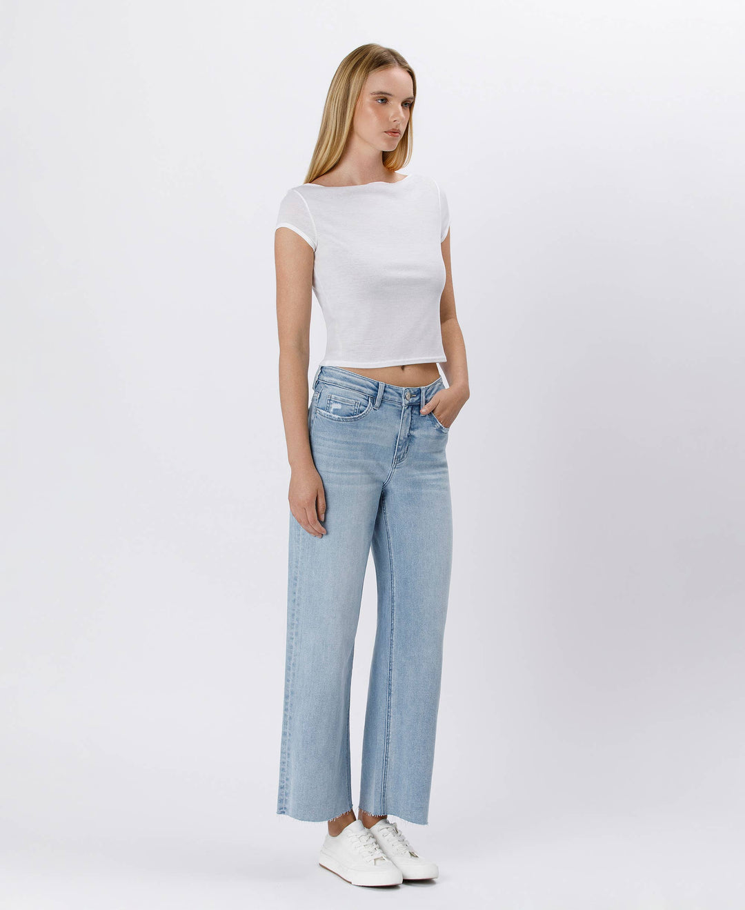 Denim - HIGH RISE LIGHT WASH RAW HEM WIDE LEG JEANS - - Cultured Cloths Apparel