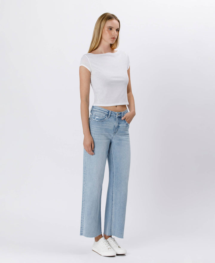 Denim - HIGH RISE LIGHT WASH RAW HEM WIDE LEG JEANS - - Cultured Cloths Apparel