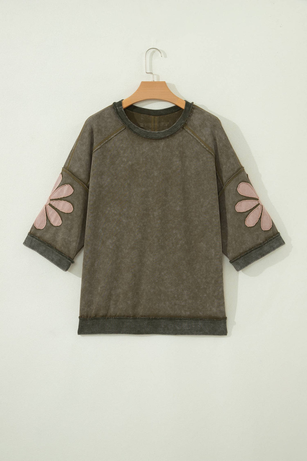 Mineral Wash Raw Seam Patchwork 3/4 Sleeve Top