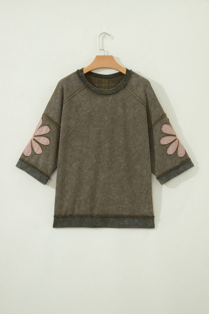 Mineral Wash Raw Seam Patchwork 3/4 Sleeve Top