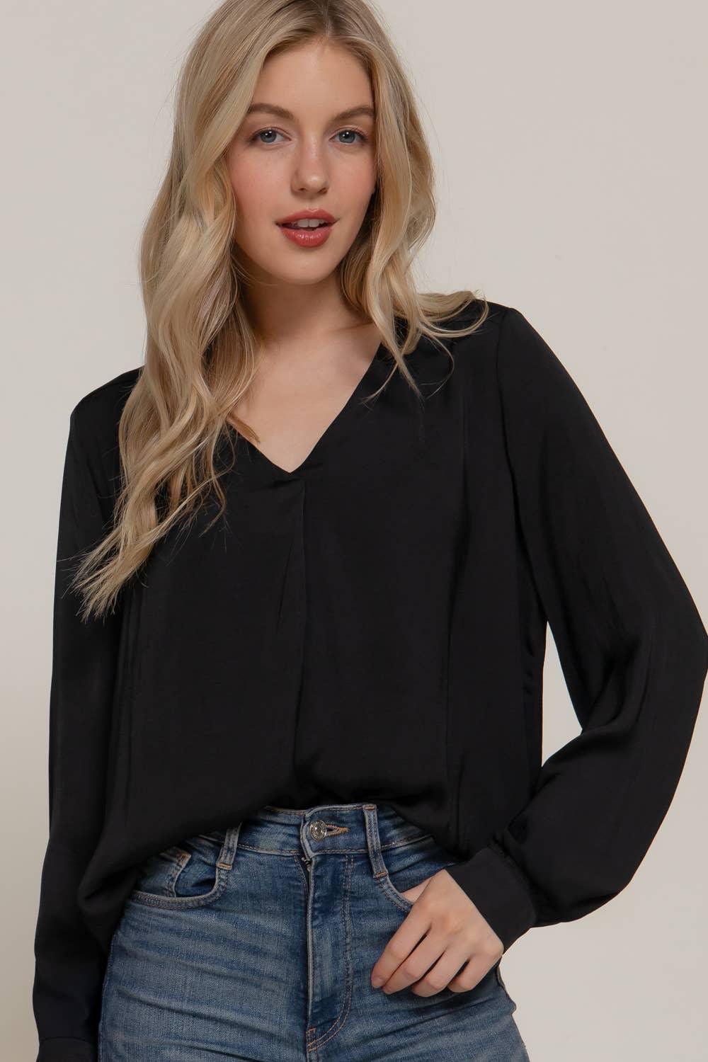 Women's Long Sleeve - Long Sleeve V-Neck with Pleats Satin Blouse - BLACK - Cultured Cloths Apparel