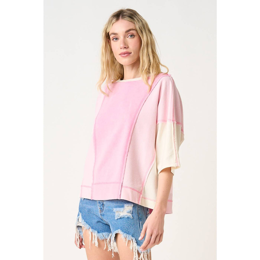 Women's Short Sleeve - MINERAL WASH COLOR BLOCK RELAXED FIT SHORT SLEEVE TOP - - Cultured Cloths Apparel