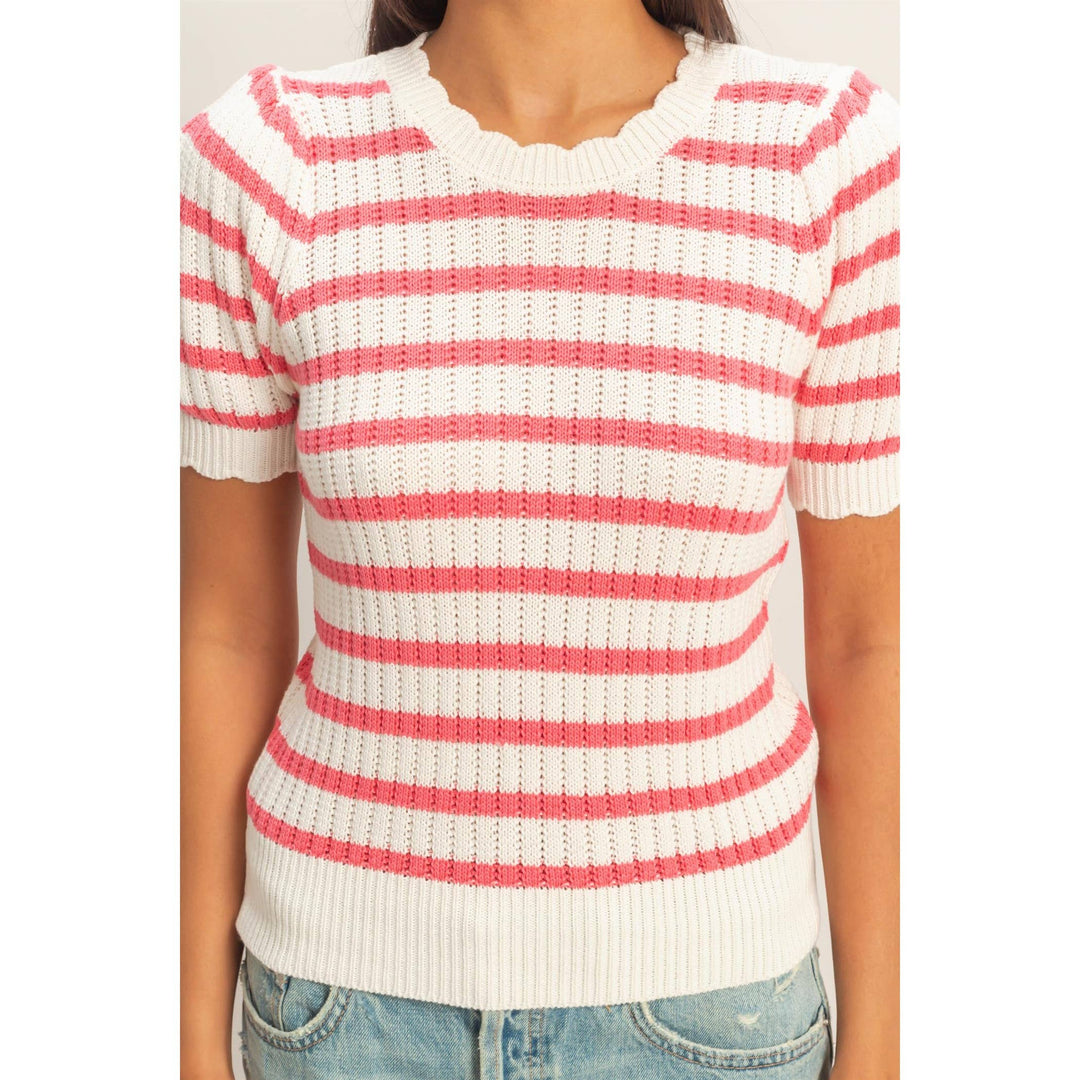 Striped Scallop Edge Puff Sleeve Knit Top