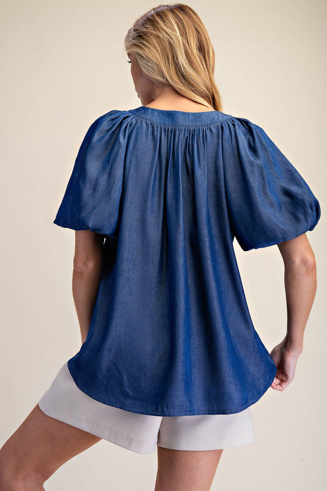 - V-Neck Placket Balloon Sleeve Top - - Cultured Cloths Apparel