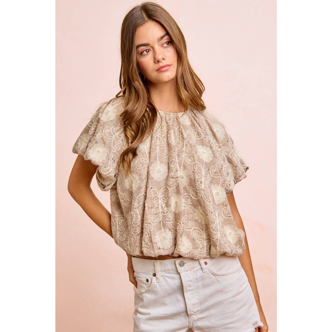 Women's Short Sleeve - FLOWER EMBROIDERED SHIRRED NECKLINE BUBBLE HEM TOP - - Cultured Cloths Apparel