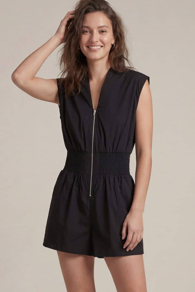 Romper - Cap Sleeve Woven Smocked Waist Front Zip Romper - - Cultured Cloths Apparel