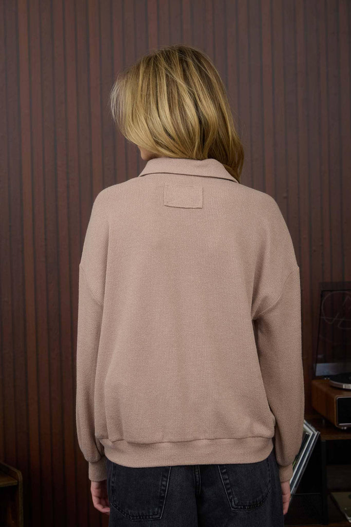 COLLARED HALF SNAP BUTTON LONG SLEEVE KNIT TOP