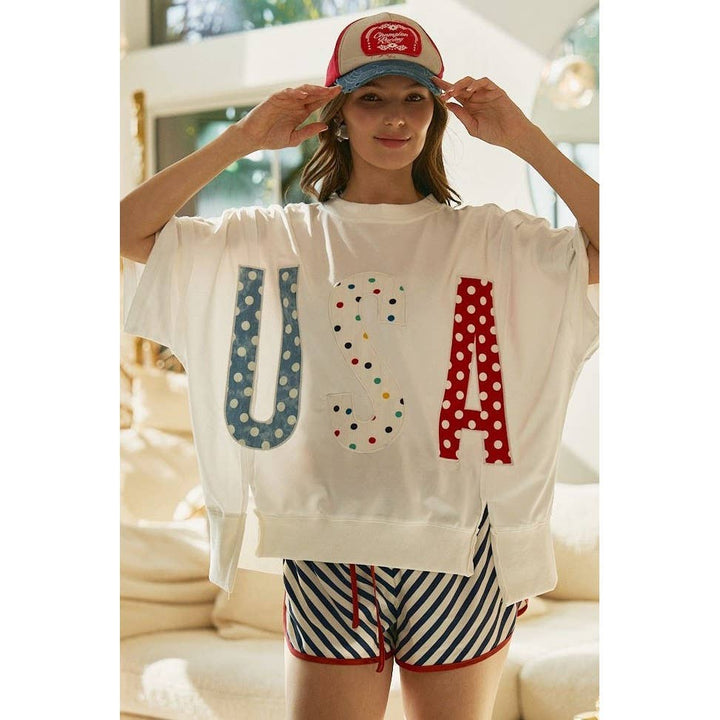 Women's Short Sleeve - 4th Of July Polka Dot Usa Lettered Patch Work Top - - Cultured Cloths Apparel