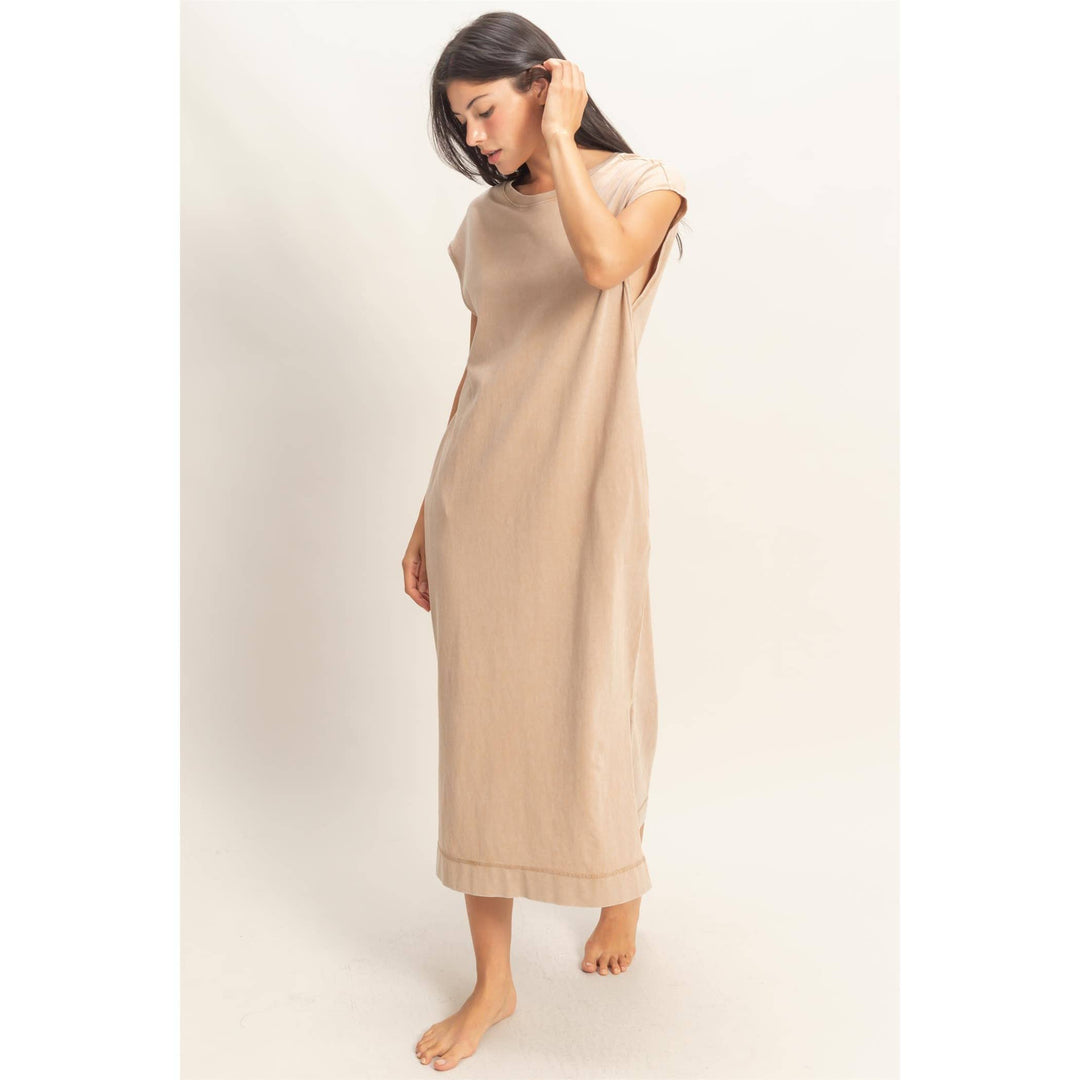 Chocolate Mineral Wash Cap Sleeve Midi Dress