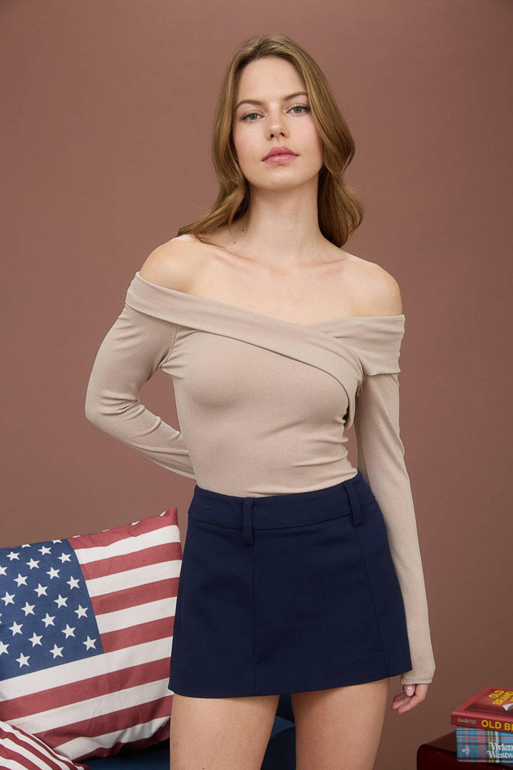 Women's Long Sleeve - OFF SHOULDER WRAP DETAIL LONG SLEEVE KNIT TOP - - Cultured Cloths Apparel