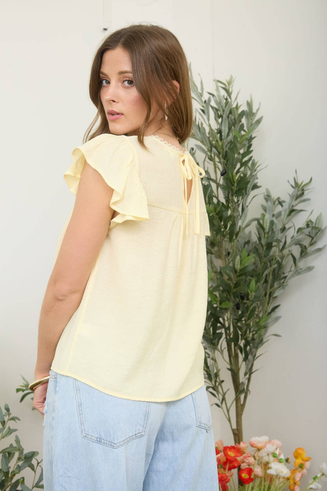 FLORAL YOKE EMBROIDERY RUFFLE SLEEVE TOP