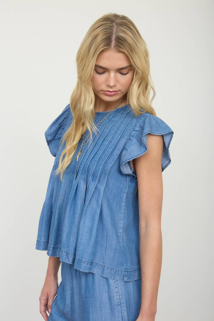 PINTUCK DETAIL RUFFLE SLEEVE DENIM TOP