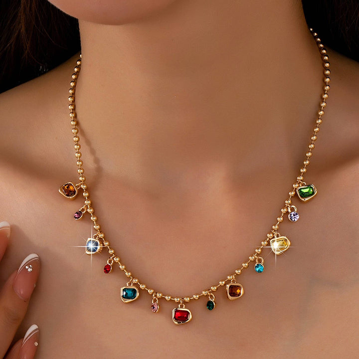 Accessories, Necklaces - Brass Multi-Color Glass Gem Charm Chain Necklace | 80N93682 - GOLD - Cultured Cloths Apparel