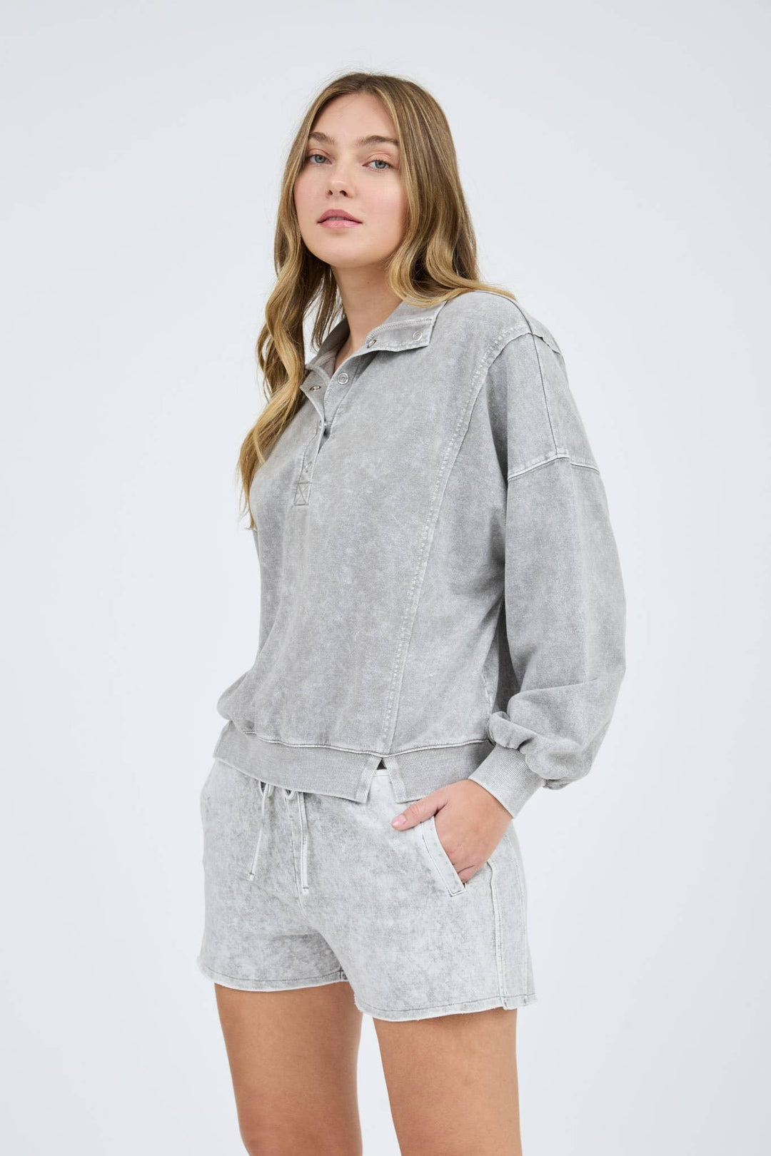 Women's Long Sleeve - WASHED HALF SNAP BUTTON LONG SLEEVE KNIT TOP - - Cultured Cloths Apparel