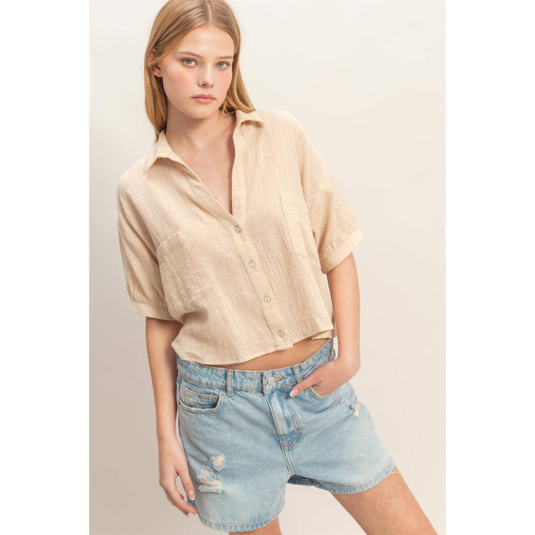Women's Short Sleeve - Textured Button-Up Shirt - - Cultured Cloths Apparel