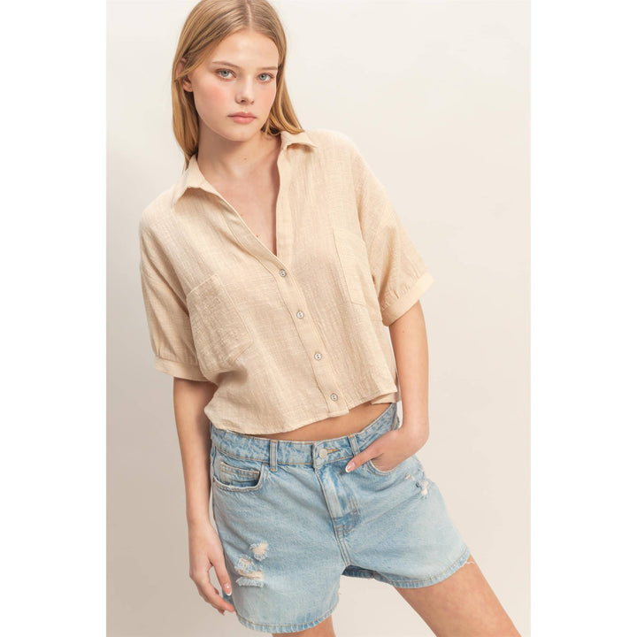 Women's Short Sleeve - Textured Button-Up Shirt - - Cultured Cloths Apparel