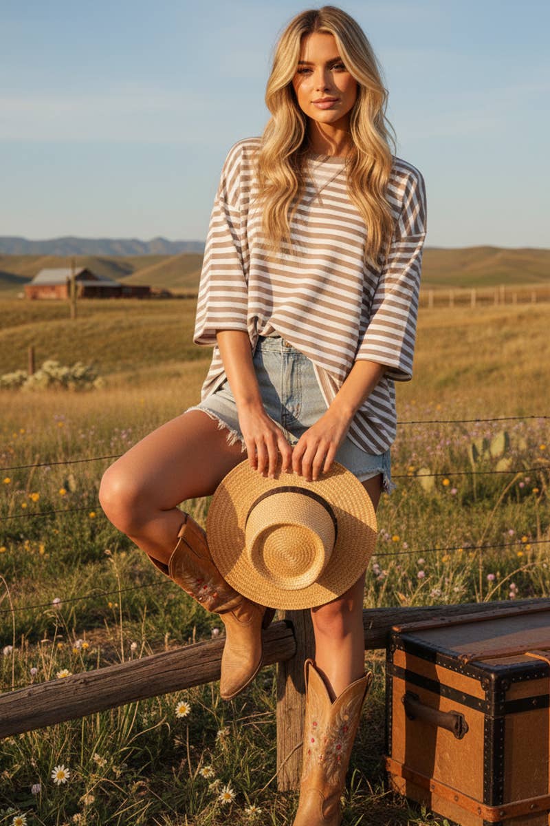 Women's Short Sleeve - STRIPED OVERSIZED SHORT SLEEVE TOP - - Cultured Cloths Apparel