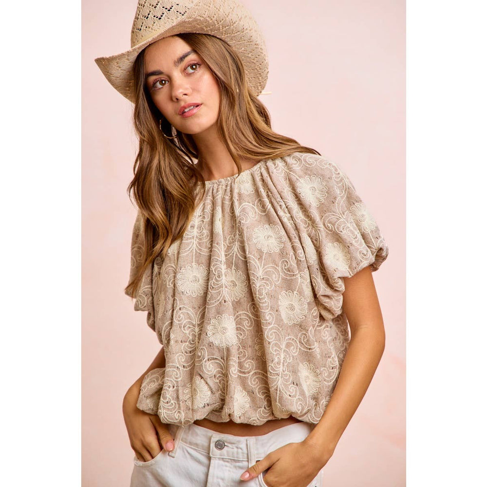 Women's Short Sleeve - FLOWER EMBROIDERED SHIRRED NECKLINE BUBBLE HEM TOP - - Cultured Cloths Apparel