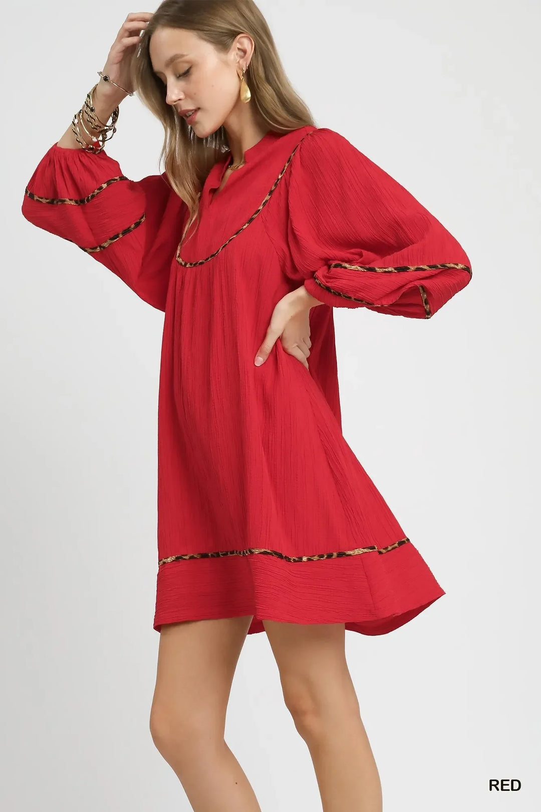 Women's Dresses - Umgee Textured Babydoll Dress with Leopard Trim - - Cultured Cloths Apparel