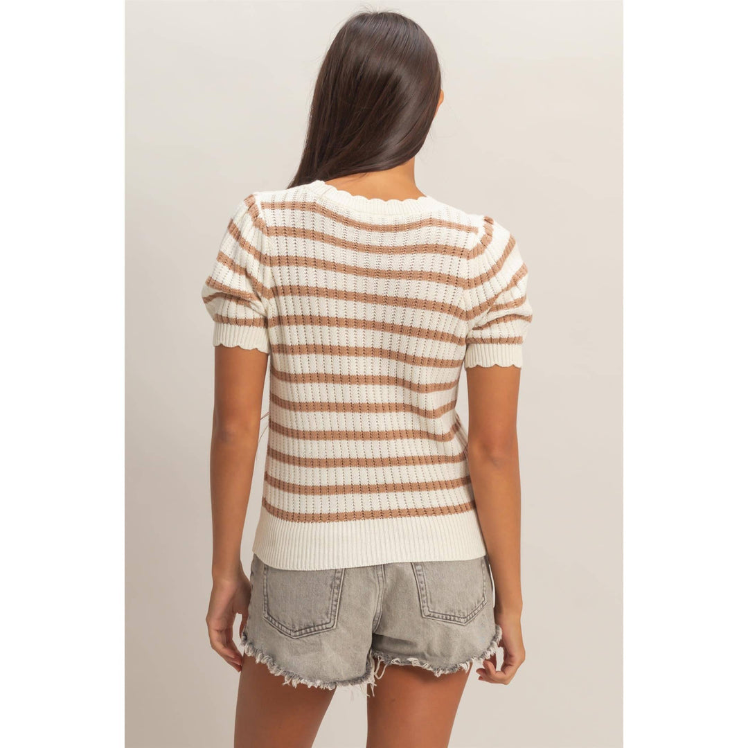 Striped Scallop Edge Puff Sleeve Knit Top