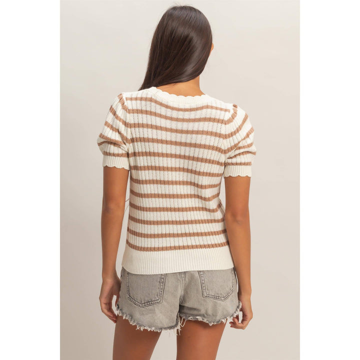 Striped Scallop Edge Puff Sleeve Knit Top