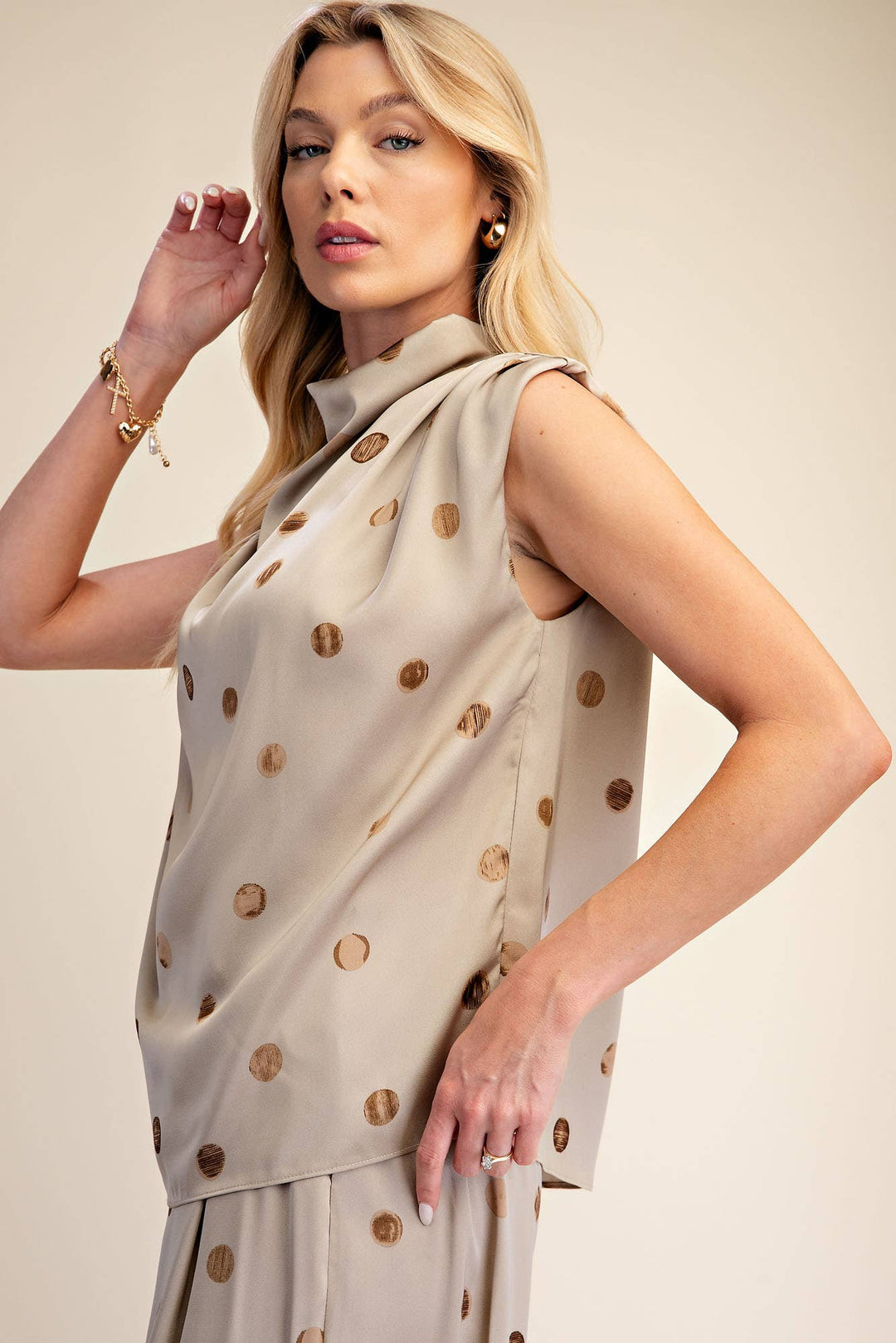 Cowl Mock Neck Pleats Shoulder Sleeveless Top Polka Dot