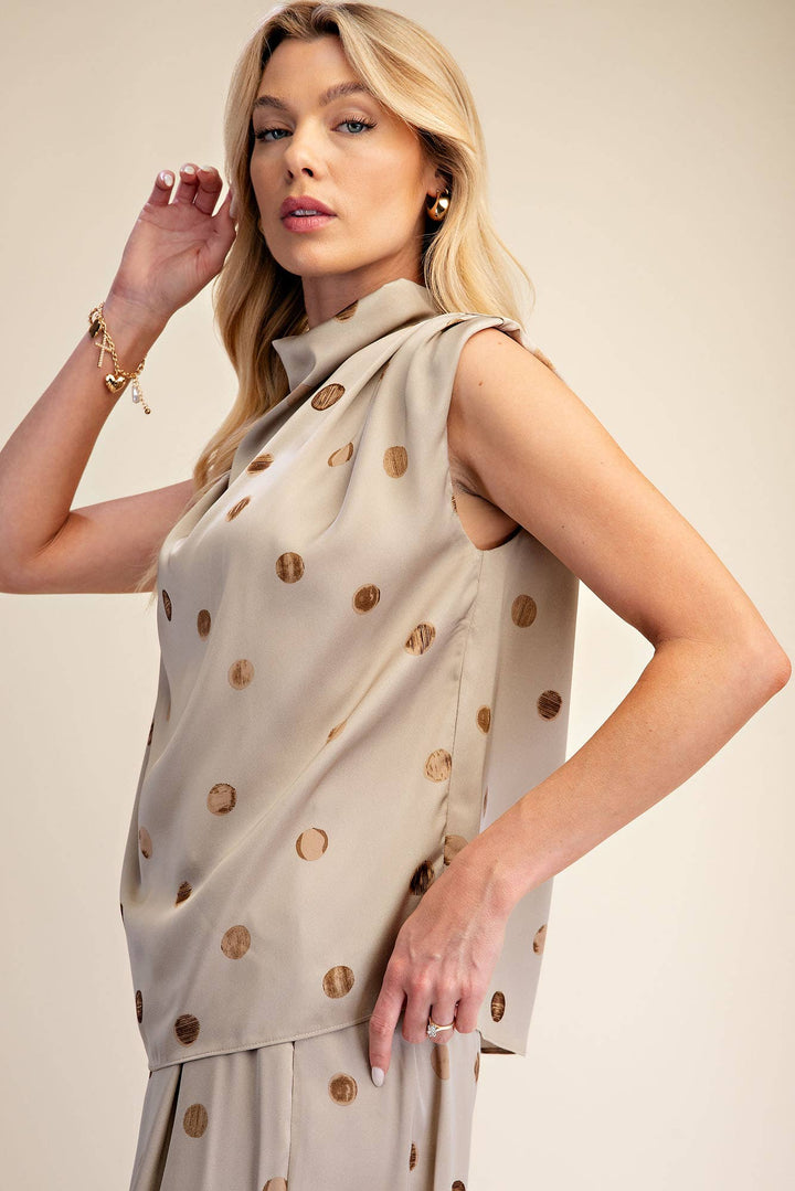 Cowl Mock Neck Pleats Shoulder Sleeveless Top Polka Dot