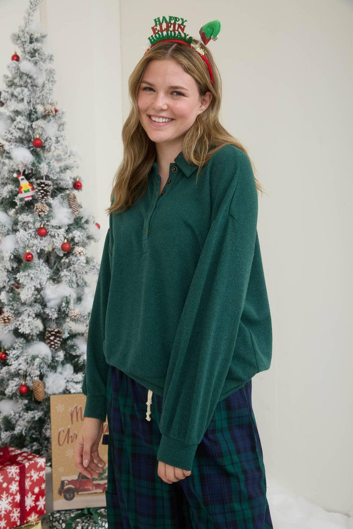 COLLARED HALF SNAP BUTTON LONG SLEEVE KNIT TOP